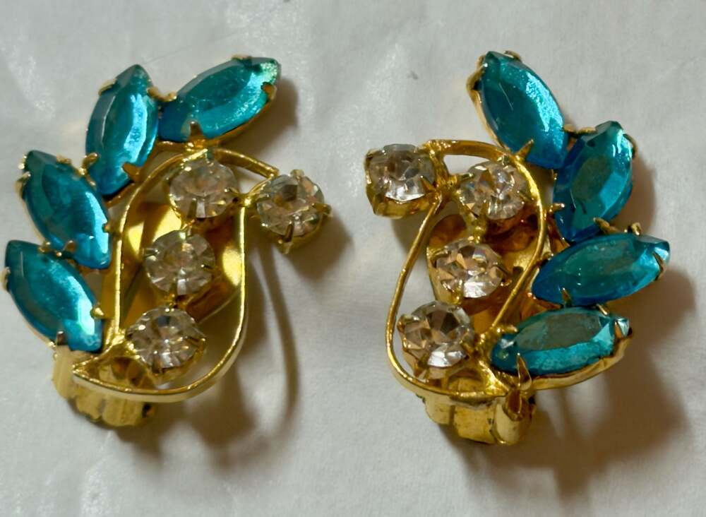 Vtg Gold-Tone Clip-On Earrings Teal Blue Marquise & Clear Rhinestones 1"